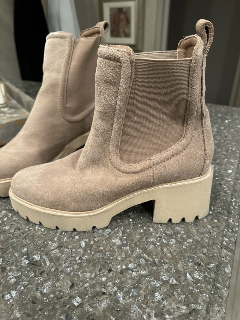 Dolce Vita Beige Suede Chelsea Lug Booties